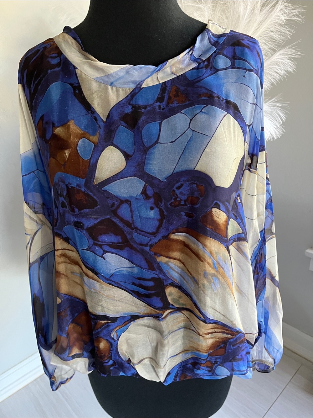 Women's Blue & Brown Abstract Silk Blouse